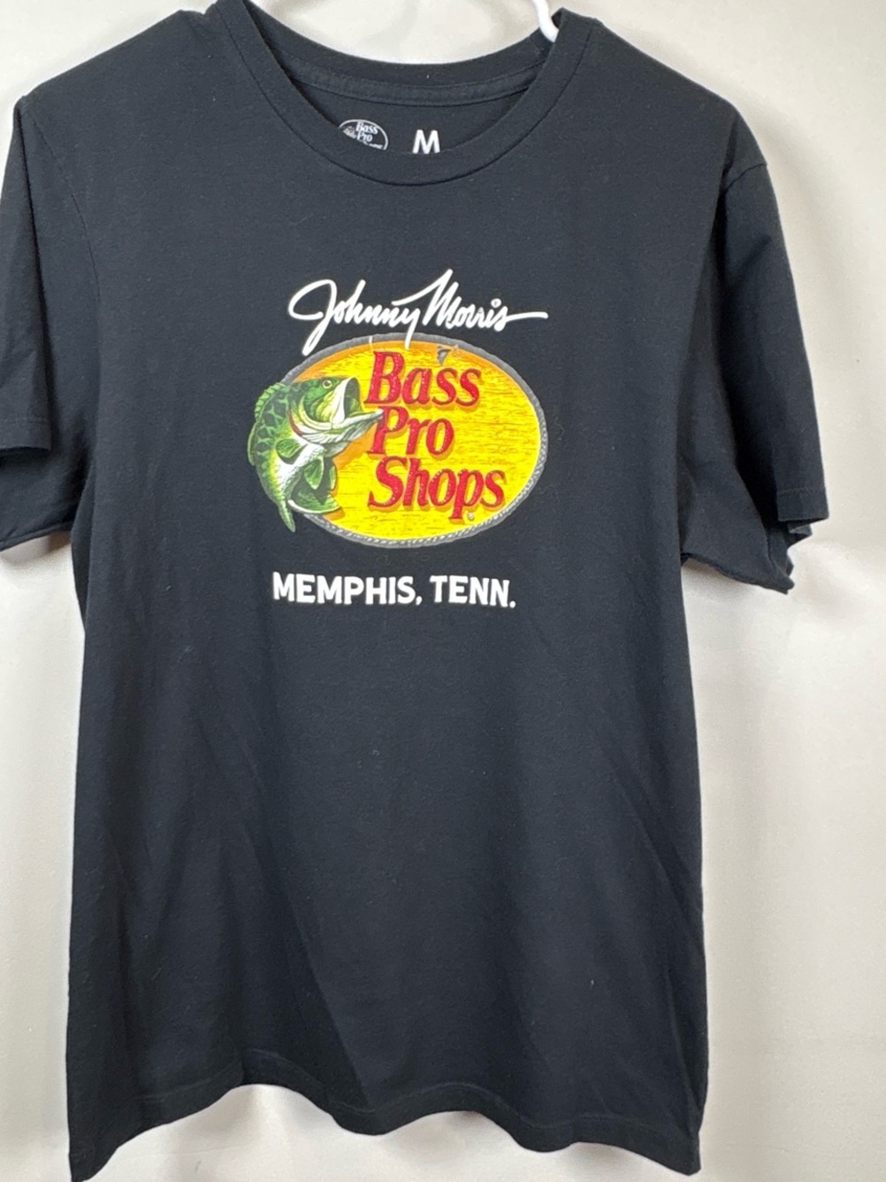 Bass Pro Shops Black Logo Tee with Yellow Oval and Green Fish